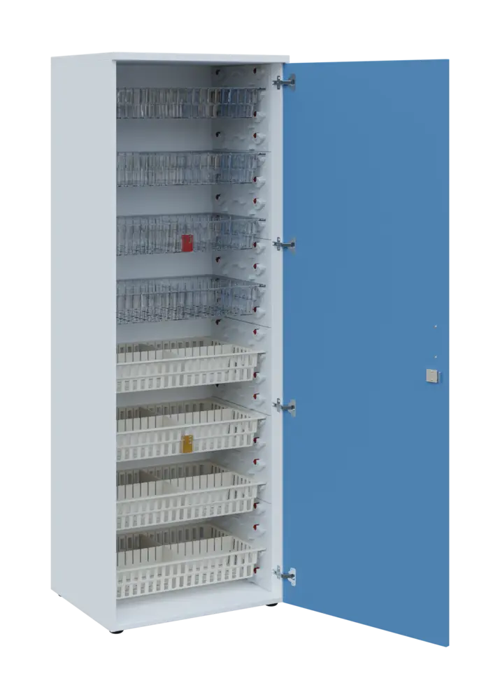 EUROMEDICA D - 66/M skříň léková boxová, 1-dveřová, pravá, 1950x660x535, korpus bílý, dvířka pastelově modrá